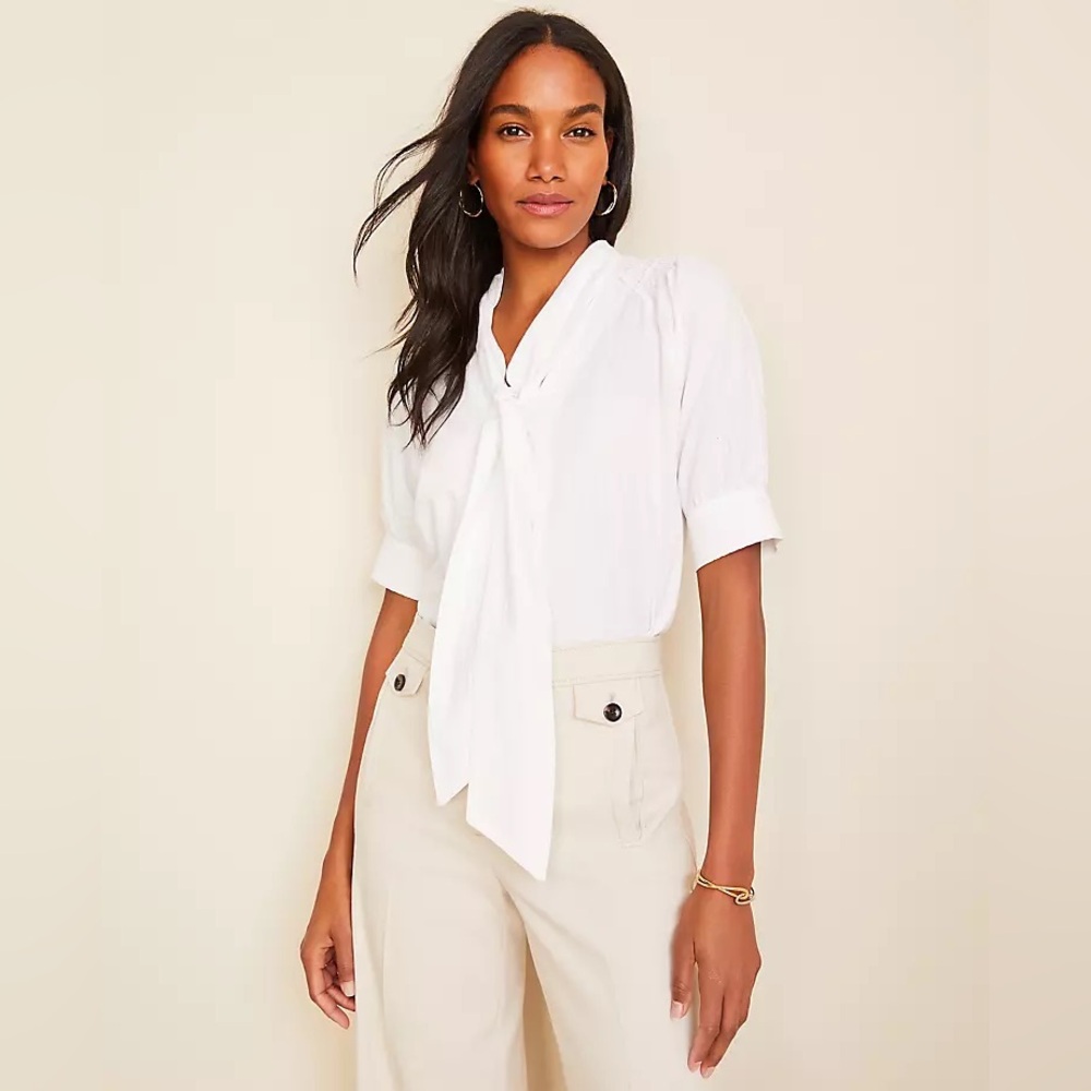 Ann Taylor tie front blouse petite textured window pane material